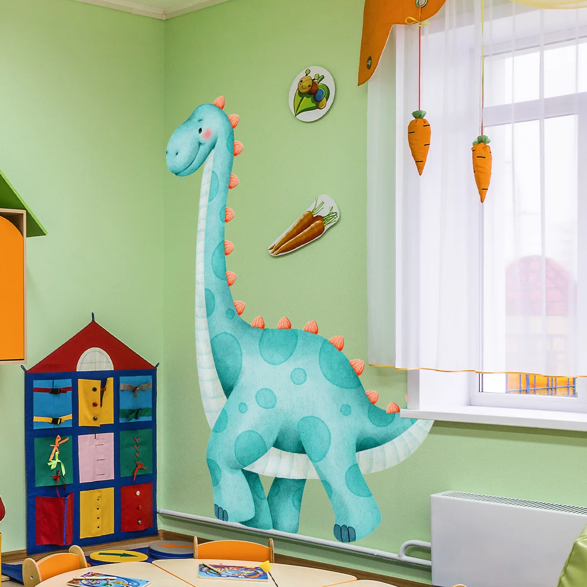 Teal Dinosaur Wall Decals- Playful Cartoon Stickers for Kids' Room & Shop Decor