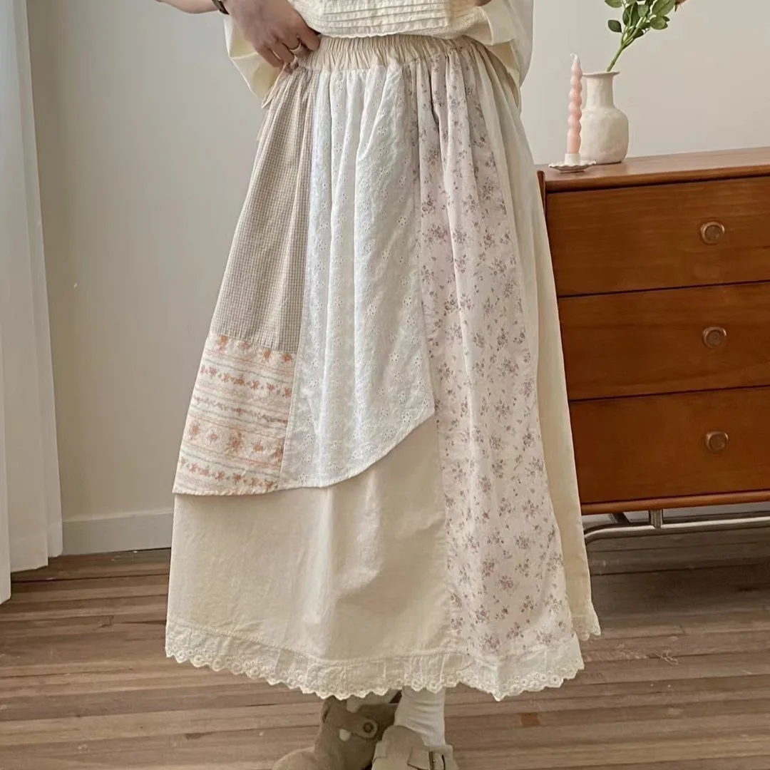 Japanese Sweet Mori Girl Floral Printed Embroidery Patchwork Skirts Women Summer Elastic Waist Asymmetric Casual Cotton Skirts