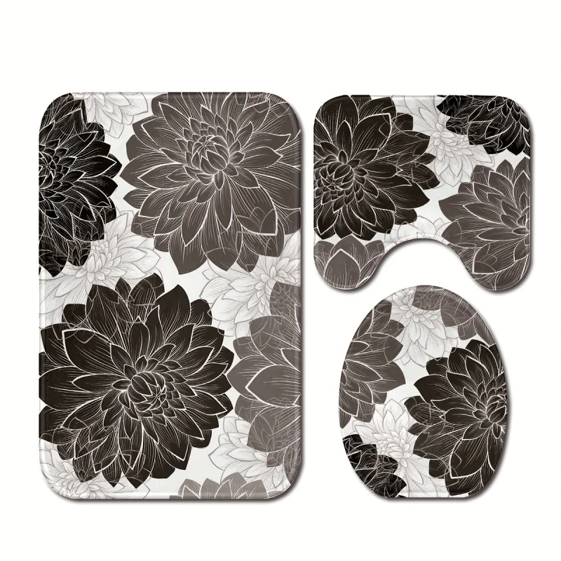 3 pcs/set ink flower pattern printed floor mat, three-piece bathroom mat set, non-slip mat, water-absorbent mat, toilet lid mat,