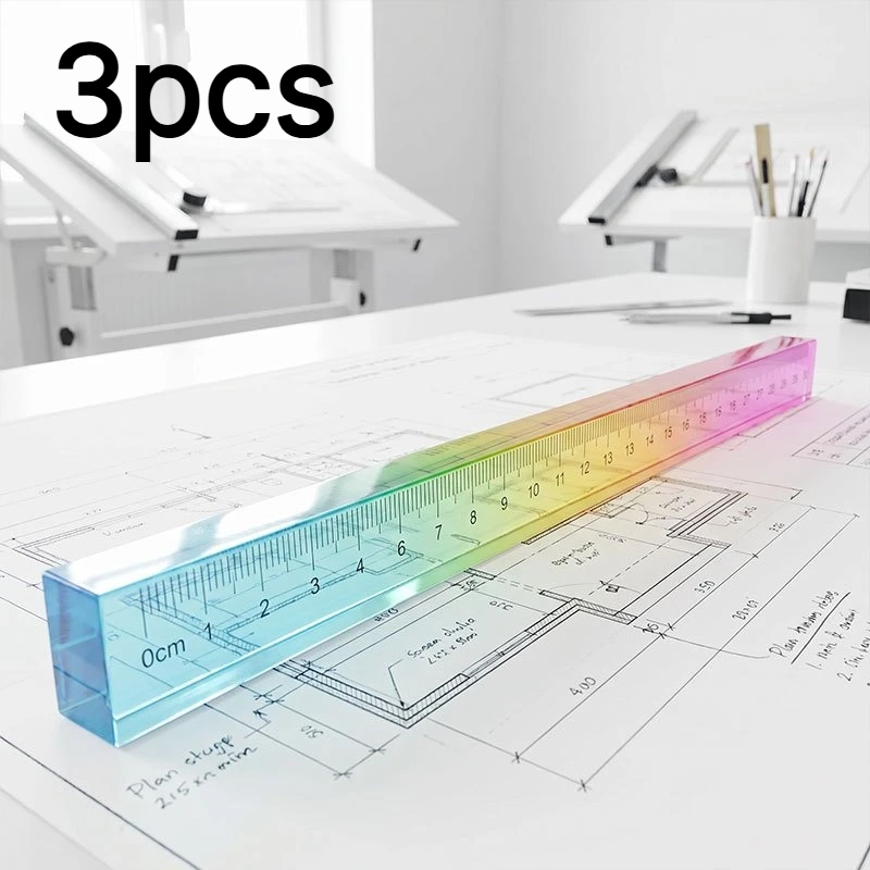 3Pcs Color Gradient Transparent Cube Ruler Set,Math Geometry Learning Drawing Tool,Measuring Supplies Gift for Kids Christmas
