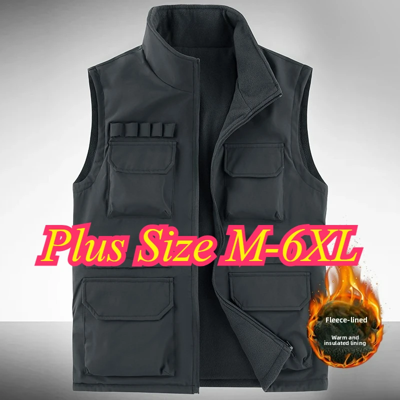 

Men Vest Solid Color Photography Fishing Fleece Lined Zipper Gilet Men Spring Autumn Comfort Lightweight Stand Collar Cardigan
