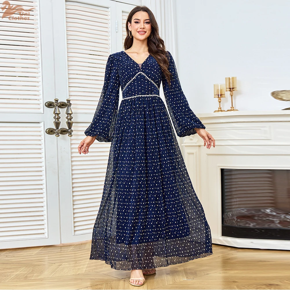 

Uni Dubai Luxury Woman Evening Dress New Crimping Muslim V-Neck Bundled Sleeve Abaya