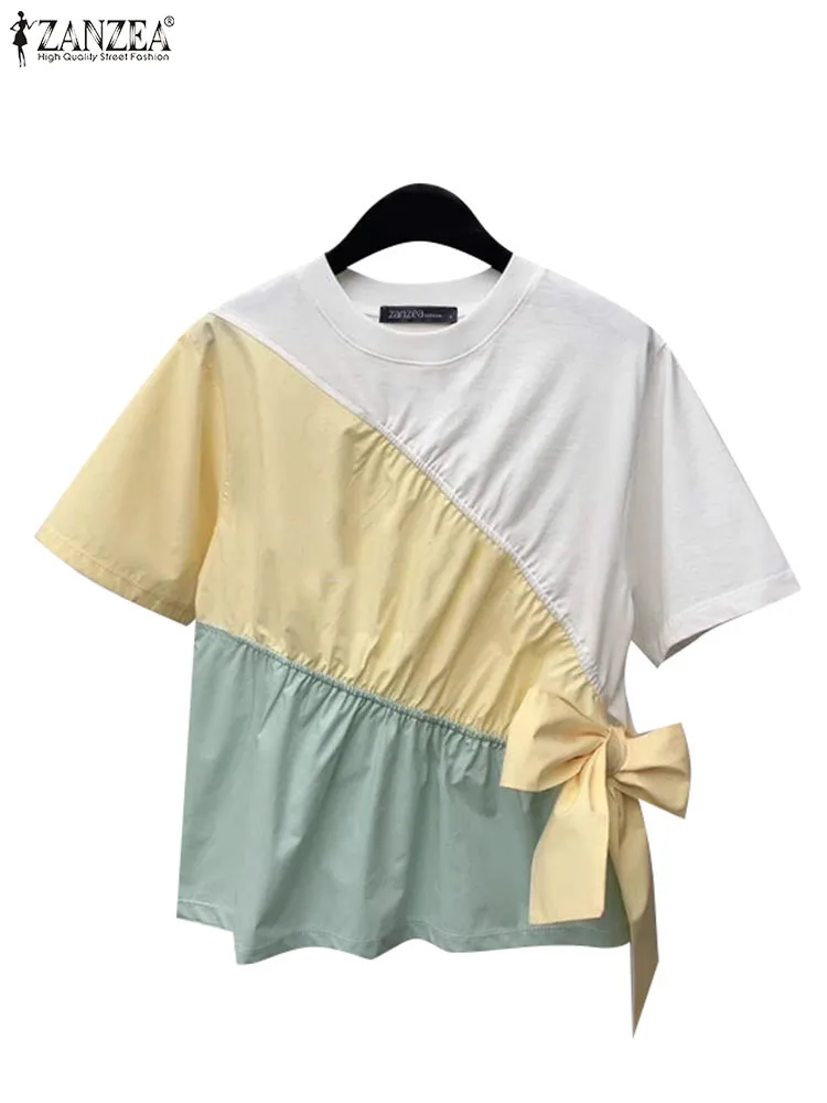 ZANZEA Bow Detail Short Sleeve Blouses Women Casual Color Block O Neck Shirts Korean Fashion Streetwear Patchwork Elegant Blusas