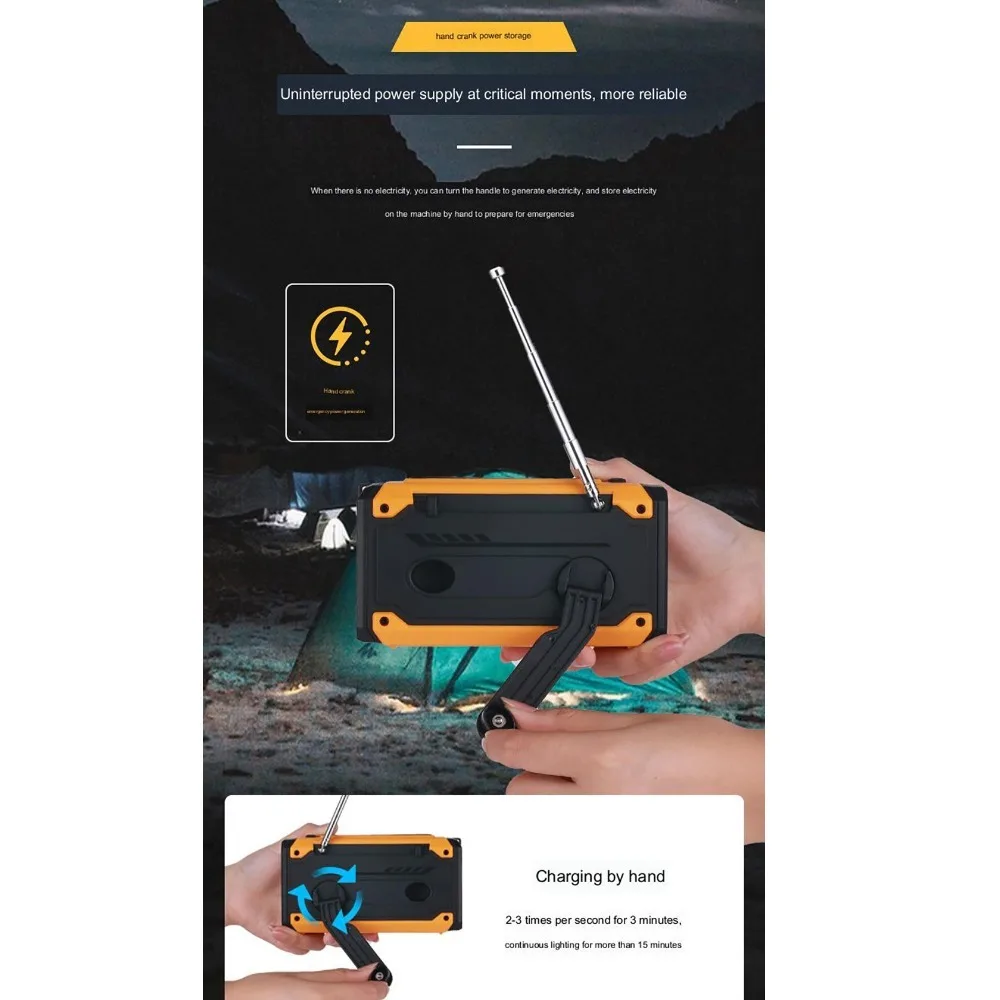 2000 mAh Solar-Notfallradio AM FM NOAA Power Bank Tragbares Wetterradio Multiband N in 1 SOS Außenradio Camping