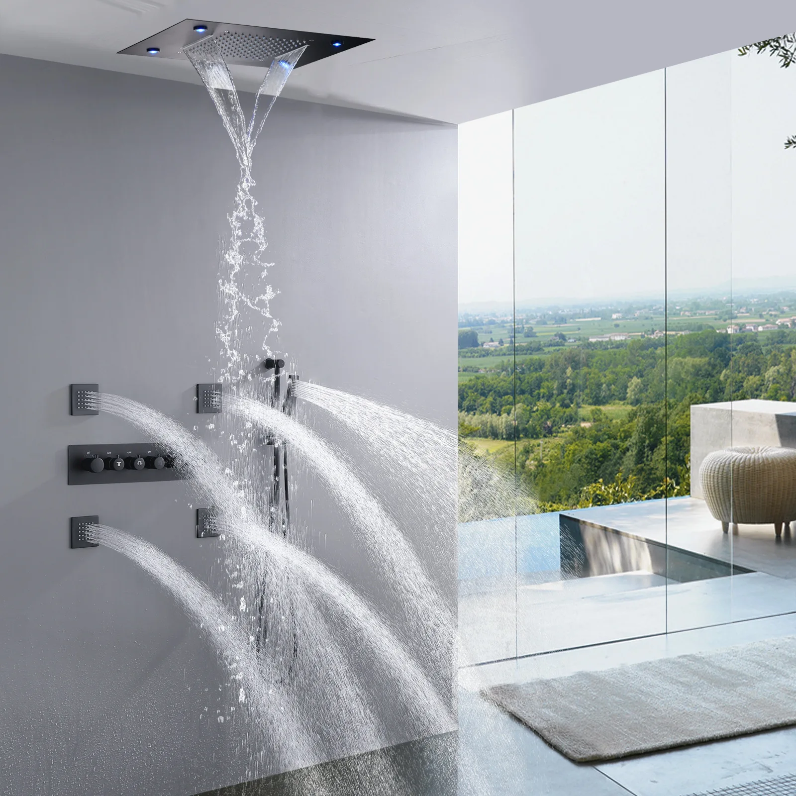 

Ceiling Rainfal Head Smart Remote Control Multifunction Embed Set High Flow Waterfall Shower Concea Tap
