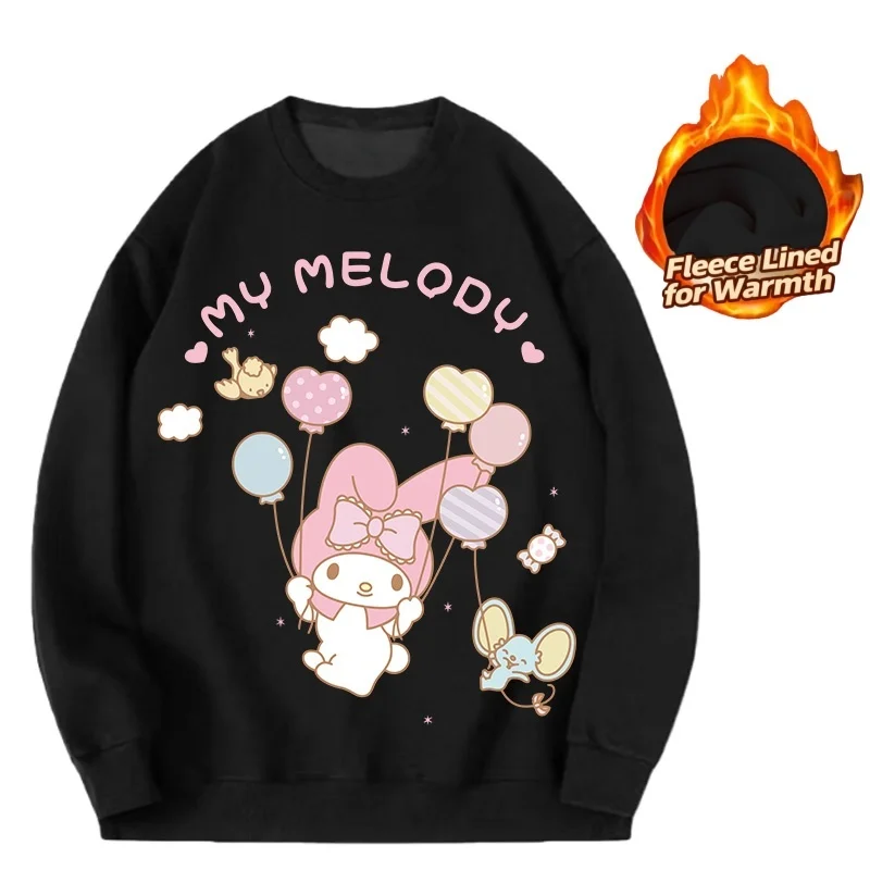 

Sanrio Series Printed Crew Neck Long-Sleeve Top, Cute and Warm Fleece-Lined Crew Neck Long-Sleeve T-Shirt, 100% Cotton