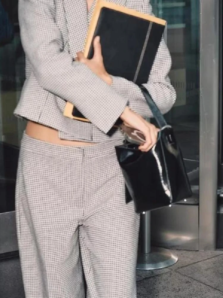 Ensemble de costume décontracté taille haute pour femmes, classique à carreaux ort Jaet et pantalon à jambes larges, tenue longue Sve Faion, ensemble deux pièces