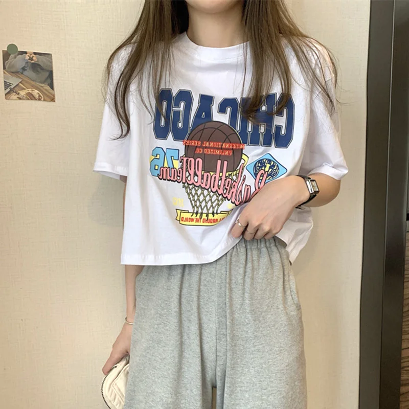 

American Style Loose Cotton Short Sleeve T-Shirt Women's plus Size Casual Top Trendy Summer Inner Wear Creative Text Pattern
