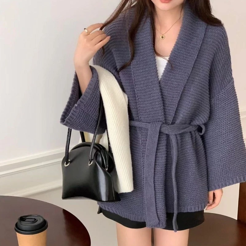 

Женские кардиганы в ленивом стиле, легкий повседневный вязаный крючком топ Y2k, трендовые новинки 2024, модные однотонные женские вязаные свитера с завязками