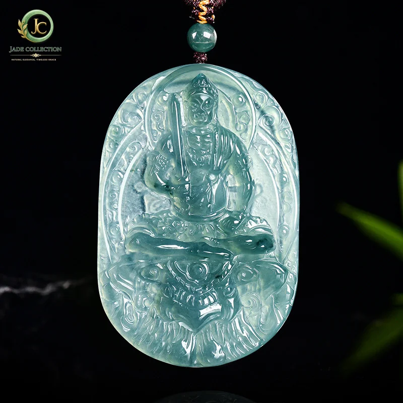 NaturalAGenuine Jadeite Fudo Myoo Blue Water Jade Pendant, Zodiac Rooster Guardian Deity, Nativally Blessed Buddha, Unisex Amule