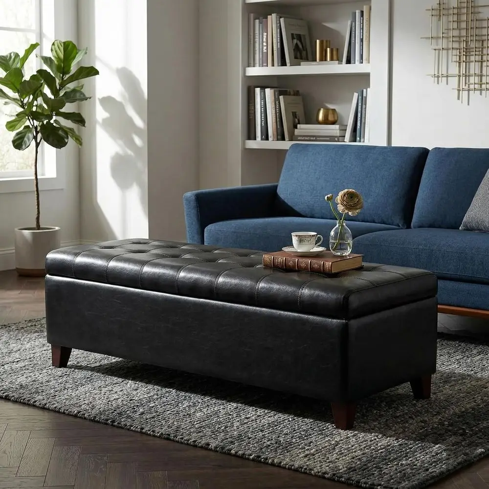 Black Ottoman with Storage aux Leather Storage Ottoman Bench | 51 Inch Upholstered End o Bed Ottomans with Hinged Lid, RecLong o