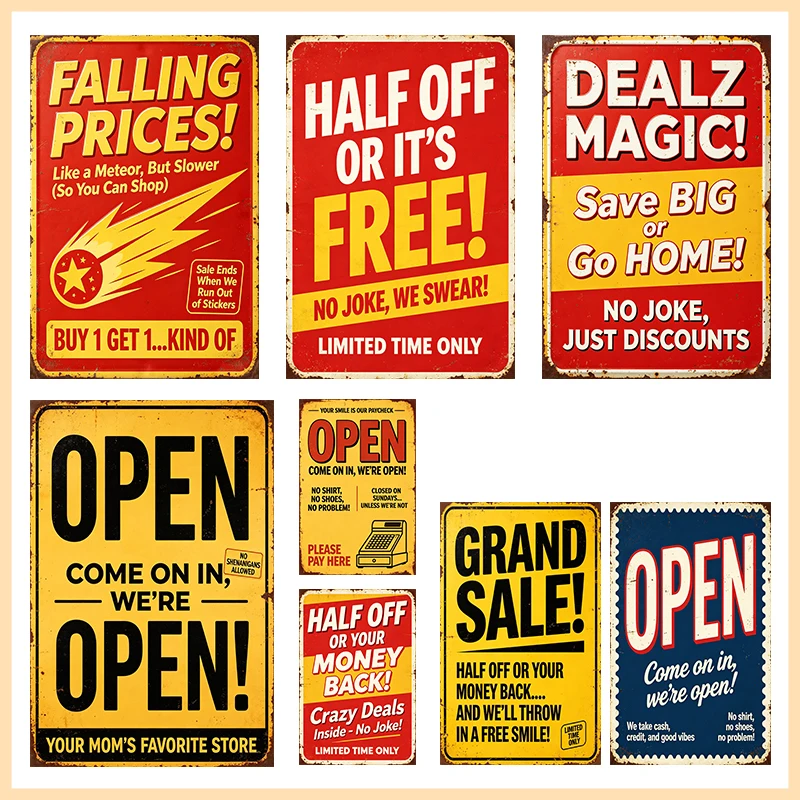 Vintage Open & Sale Metal Tin Sign Retail Shop Wall Decor Retro Business Door Plaque with Discount Grand Sale Quote for Cafe Bar