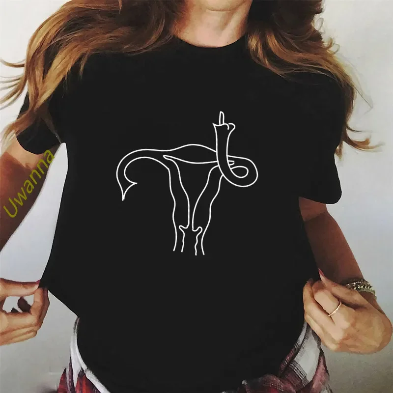 Uterus Middle Finger T-shirt Women Print Harajuku Aesthetic tshirt Summer Short Sleeve Fashion Tops Graphic Tee Female Clothing