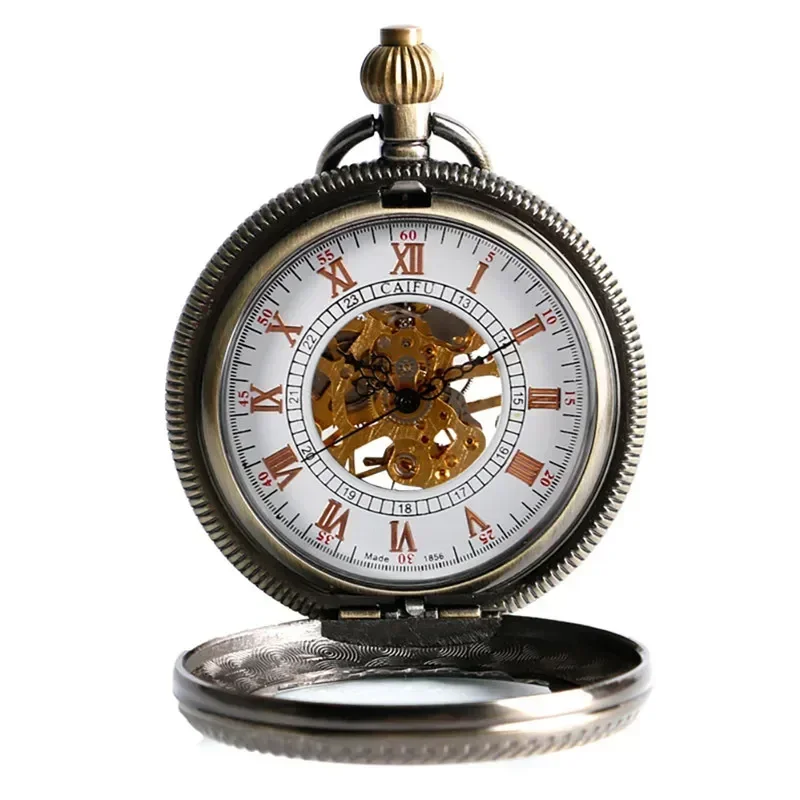 Bronze Transparent Cover Half Hunter Handwinding Mechanical Pocket Watch for Men Women Roman Number Dial Pendant Chain Gift