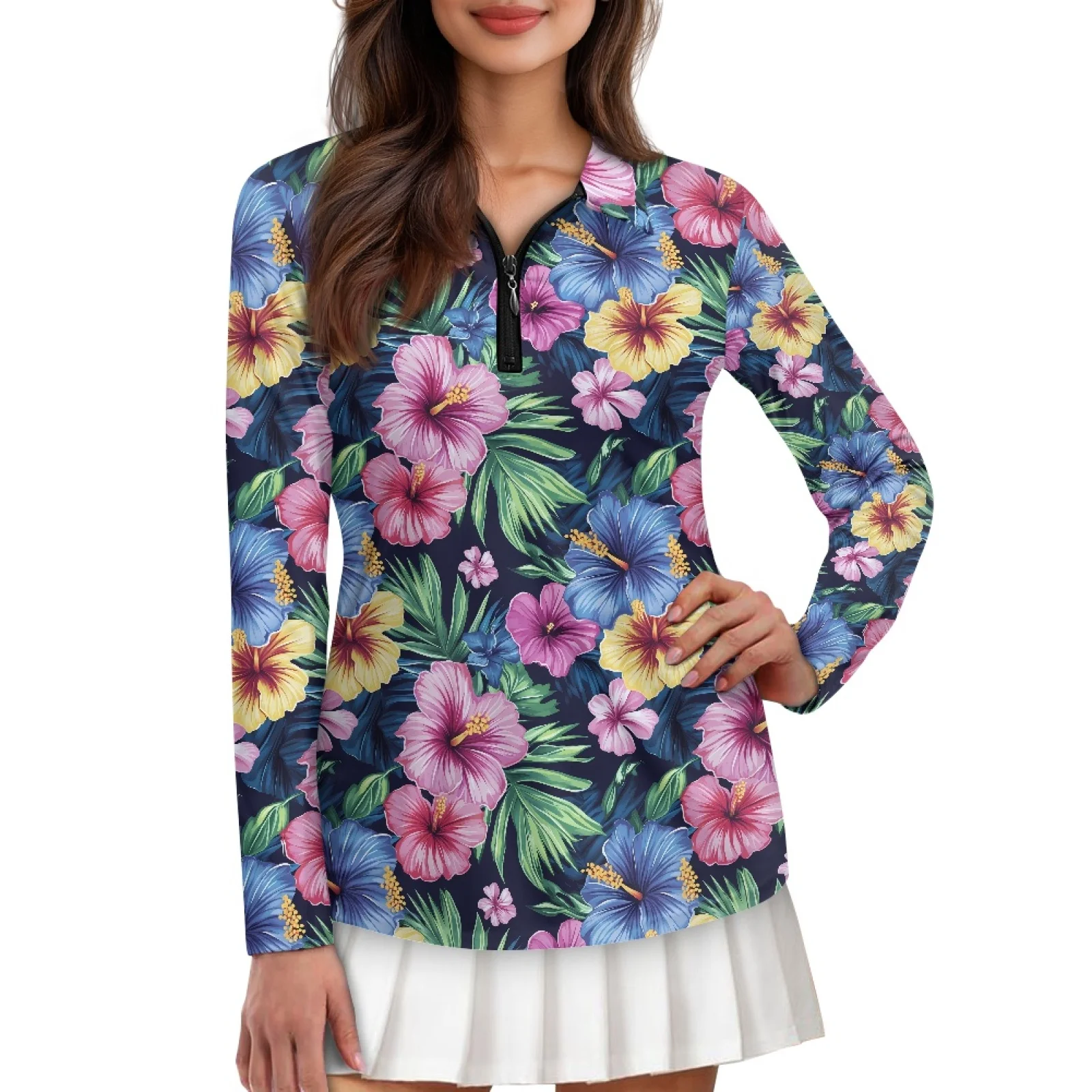 PENSTROLL Floral Leaves Navy Womens Machine Washable Golf Shirts for Women Breathable Athletic Polo Shirts for Outdoor