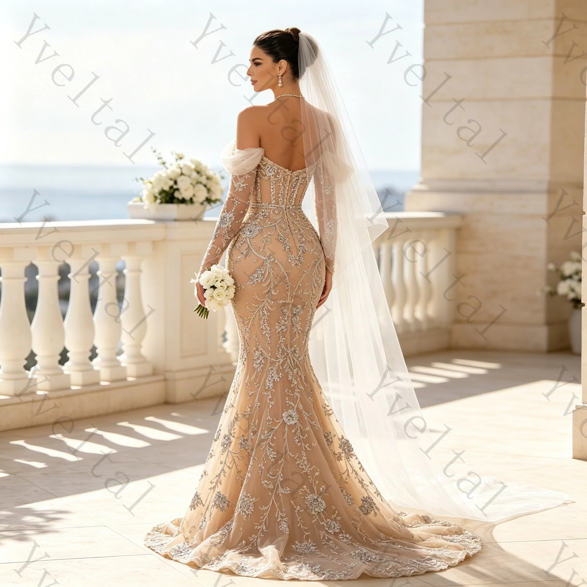 Customized Women's Champagne Gold Mermaid Bridal Gown Sheer Full Sleeve Applique Wedding Dress for Wedding Guest Formal Events