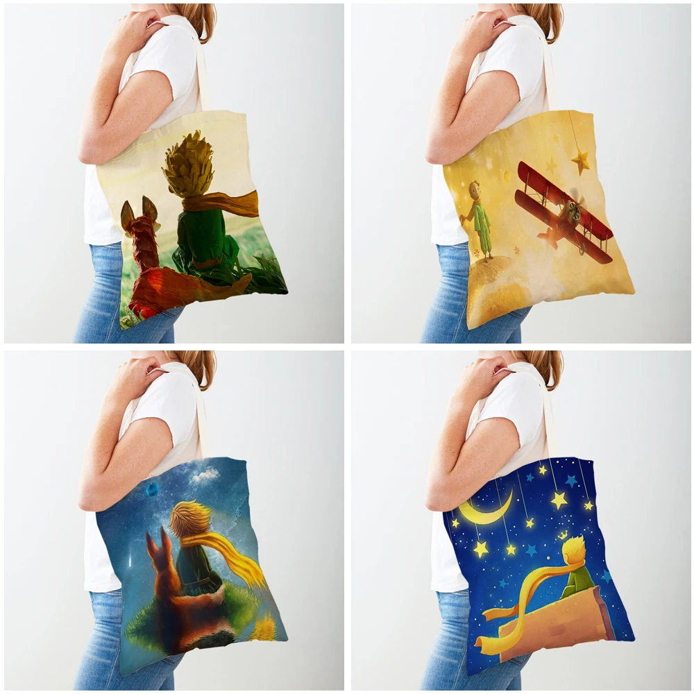 Little Prince Women Shopping Bags Double Print Fashion Classic Cartoon Anime Shopper Bag Canvas Travel Tote for Children Girl