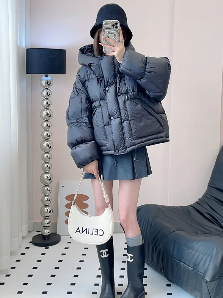 Korean Style Short Hooded Down Jackets Winter Solid Color White Duck Down Thicken Coats Casual Thermal Loose Female Outerwear