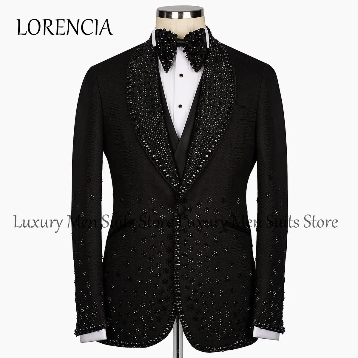 

Sparkly Formal Beaded Men Suits 2 Pieces Sets Peaked Lapel Groom Tuxedos Party Prom Blazer Slim Fit Dinner Wedding Costume Homme