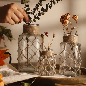 Rústico Pendurado Vaso De Vidro, Rope Net, Flor Seca, Arte Cânhamo, Casa, Transparente, Decoração Da Sala De Estar, Decoração De Mesa 10 principais vendas absorvente cânhamo - №5