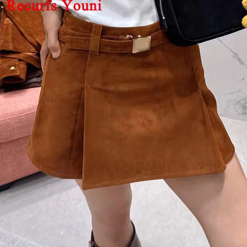

Sheep Suede Leather Pleated Skirt Woman Female 100% Labmskin Retro Brown Mini Saia with Waistband A-line Cute Core Minifalda