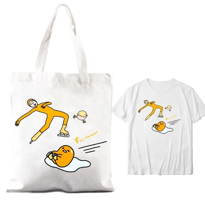 MINISO Egg Gudetama Women Shoulder Bags Couple Combination Clothes Short Sleeve Collar Fashion T shirt Man Cotton
