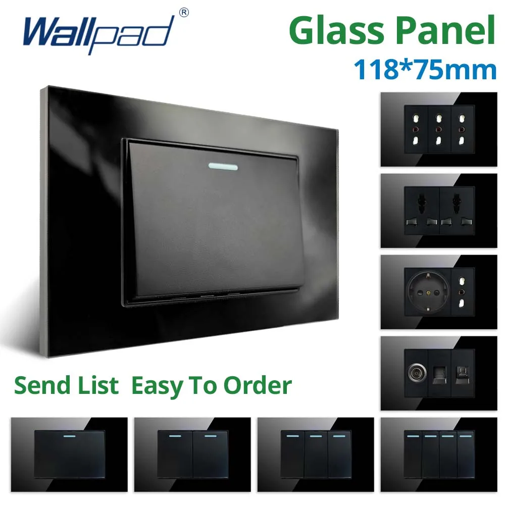 Wallpad Black Tempered Glass Panel 1 2 3 4 Gang 2 Way Wall Light Switch and Socket Rocker Button 118*75mm 16A AC110-250V