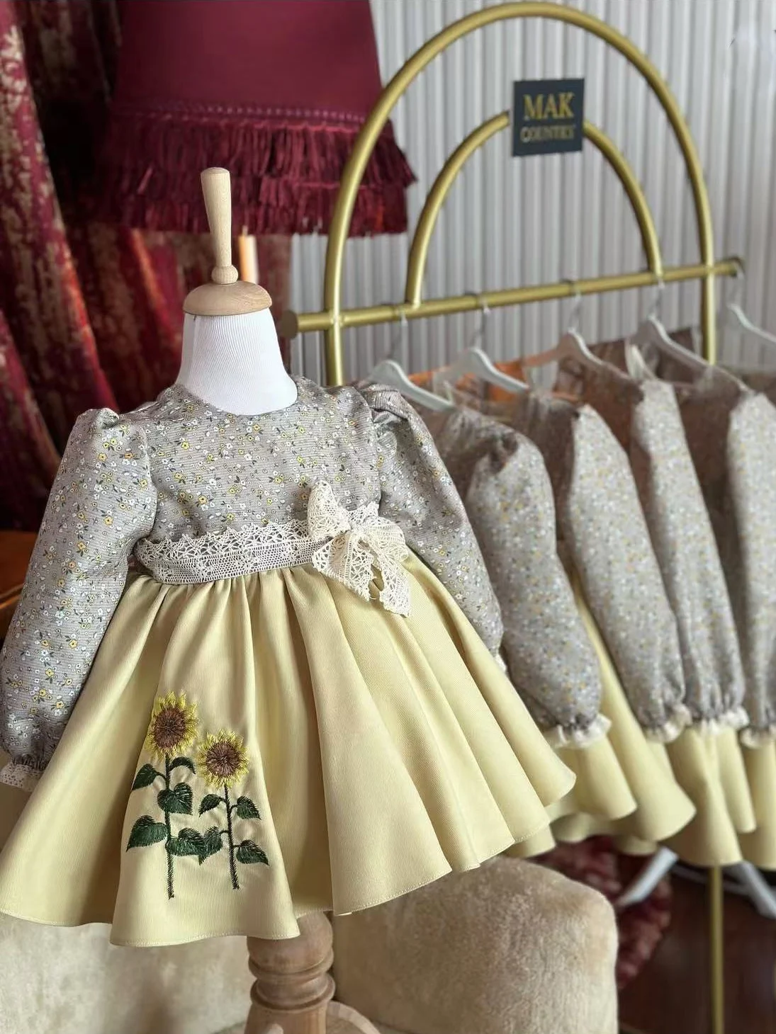 Baby Girl Spring Summer Yellow Sunflower Embroidery Vintage Spanish Princess Ball Gown Dress  for Party Holiday Eid