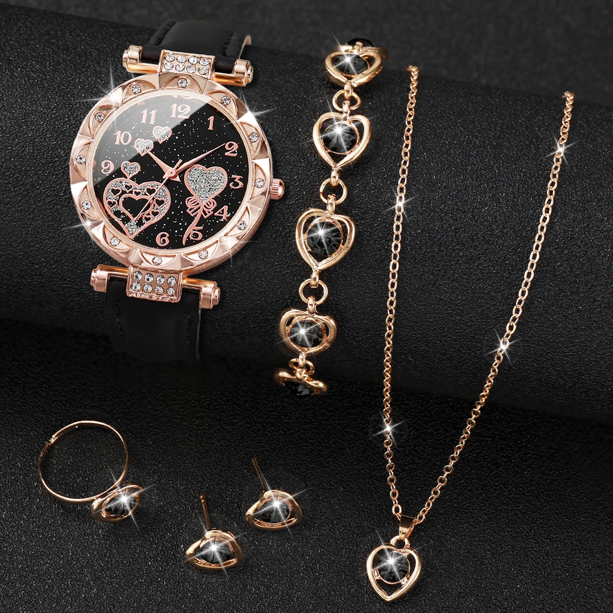 5PCS/Set Fashion Rhinestone Heart Women Watch Jewelry Set Female Leather Band Quartz Wrist Watch（Without Box）