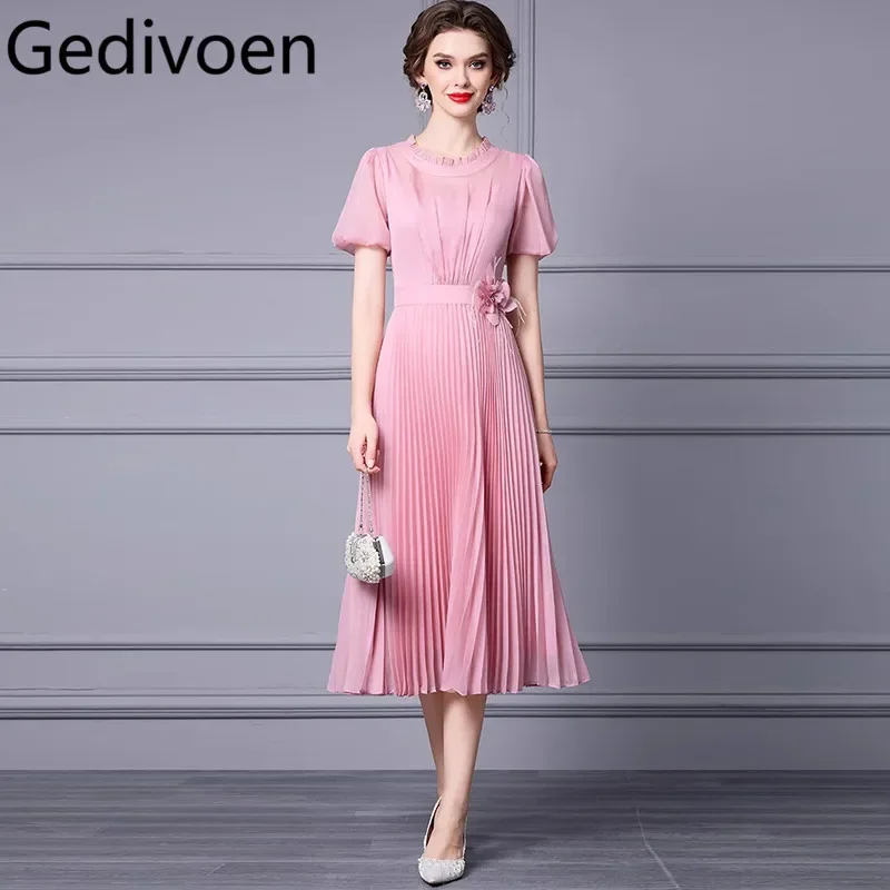 

Gedivoen Summer Fashion Runway Designer Dresses Women's Solid Color Temperament Flowers Appliques Pleated Chiffon Dresses