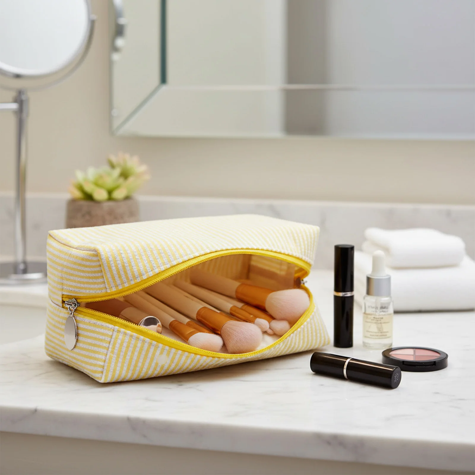1 قطعة حقيبة مستحضرات التجميل المخططة الحد الأدنى سعة كبيرة أدوات ماكياج السفر الحقيبة مع سحاب النساء الفتيات منظم أدوات الزينة