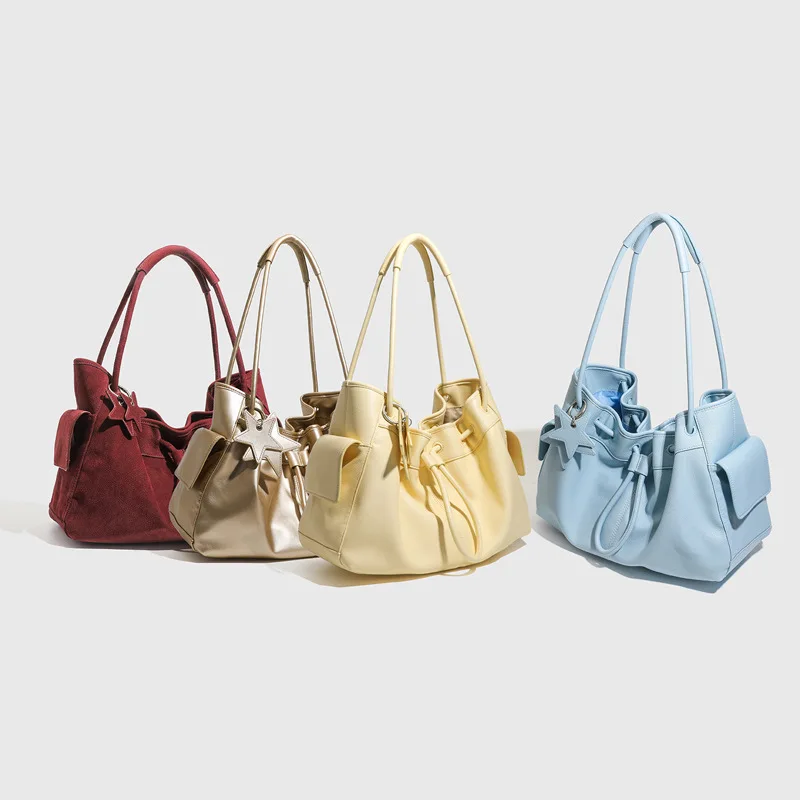 Light Luxury Large Capacity Women Tote Bag Soft PU Shoulder Handbag With Star Pendant Drawstring Closure For Daily Work