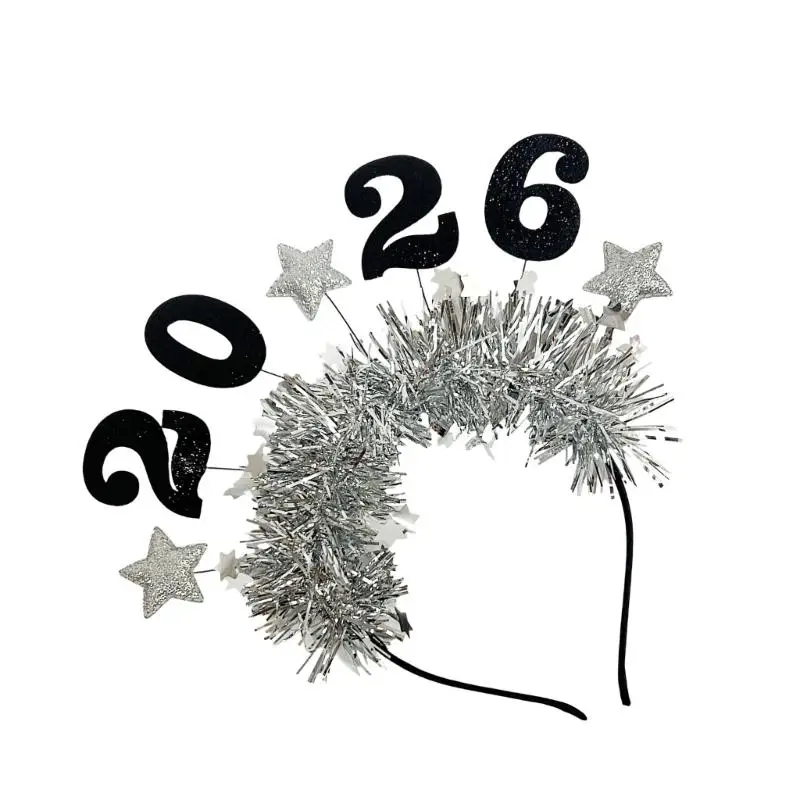 39BD 2026 Neujahr glitzert Kopfbedeckung, stilvolle Lametta-Haardekorationen, Unisex-Haarband, Stirnbänder für Partys – Detail 3