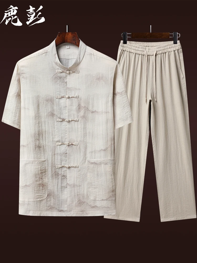 new-chinese-style-dad-summer-set-short-sleeve-linen-men's-fashion-casual-wear-comfortable-knitted-fabric-mid-aged-suitable