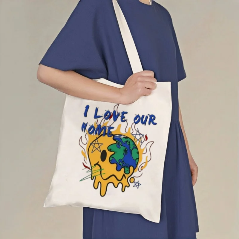 

1pc "I Love Our Home" Earth Print Canvas Tote Bag, Double-sided Casual Shoulder Handbag