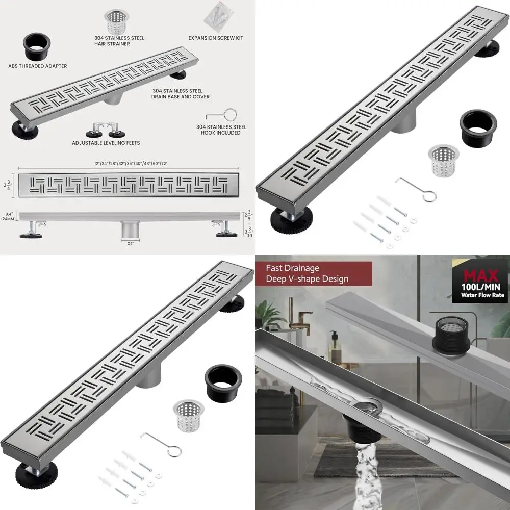 48 Brushed Nickel Linear Shower Drain with Removable Grate, 304 Stainless Steel, Easy Install & Clean for Bathrooms (Base Not In