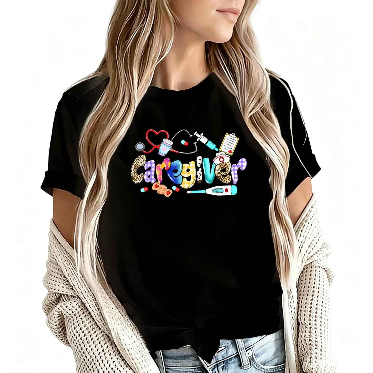 E Leopard Funny Caregiver Life Gifts Women's T-Shirt 100% Cotton Funny Graphic Short Sleeve Tee Novelty Shirt Casual Crew Neck Top S-5Xl