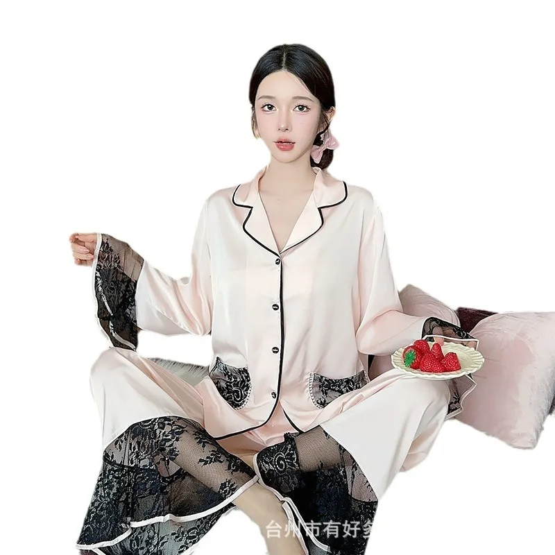 

Весенне-летняя новинка: Комплект пижамы из ледяного шелка в национальном стиле с кружевом, комфортный, высококачественный, с длинными рукавами, для женщин, можно носить как домашнюю одежду