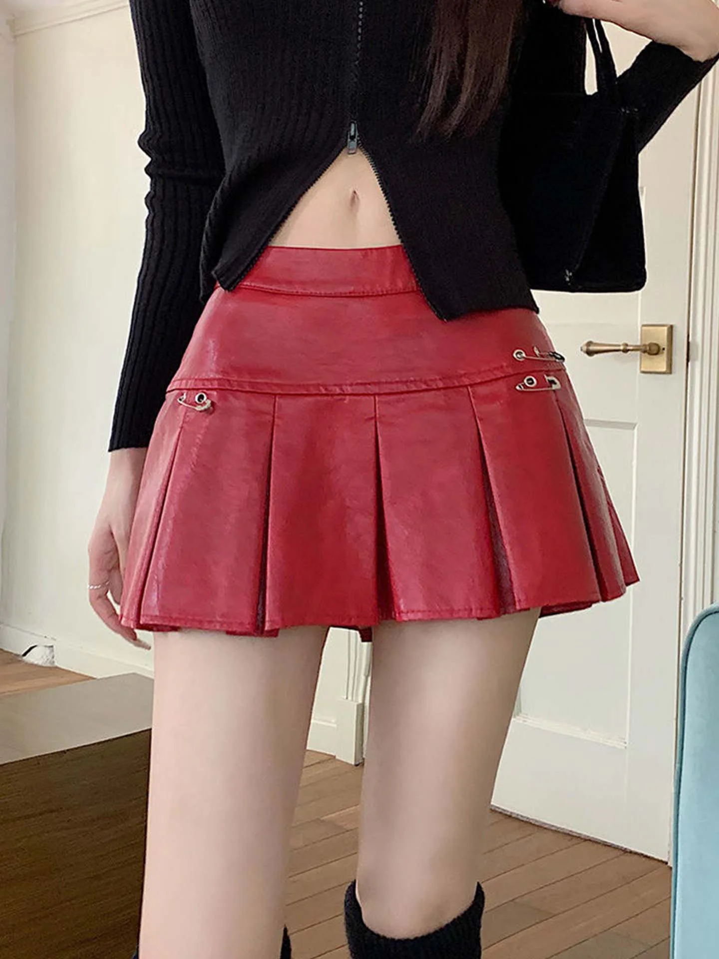 

Юбка из искусственной кожи в стиле ретро, женская юбка трапециевидной формы с высокой талией, утягивающая плиссированная юбка трапециевидной формы, модная горячая девушка, Sle