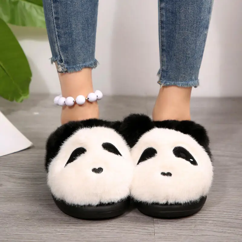 Cute Panda Fluffy Fur Slippers Shoes for Woman Warm Short Plush Flat Heel Home Comfort Non Slip House Slides Zapatos De Mujer