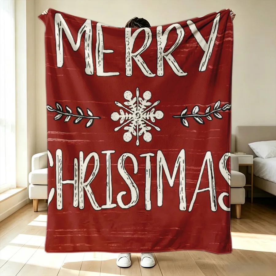 Merry Christmas Snowflake Vintage Style Print Flannel Throw Blanket, 2D Flat Single-Sided Printed Holiday Blanket