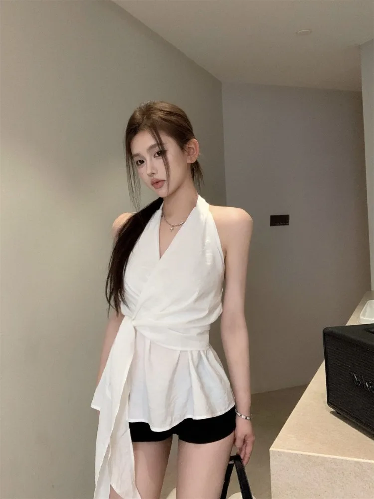 

Sexy Backless Top Women Temperament Off Shoulder Lace Up Waist Slim Thin Tops Spicy Girl Solid Versatile Chic Vest