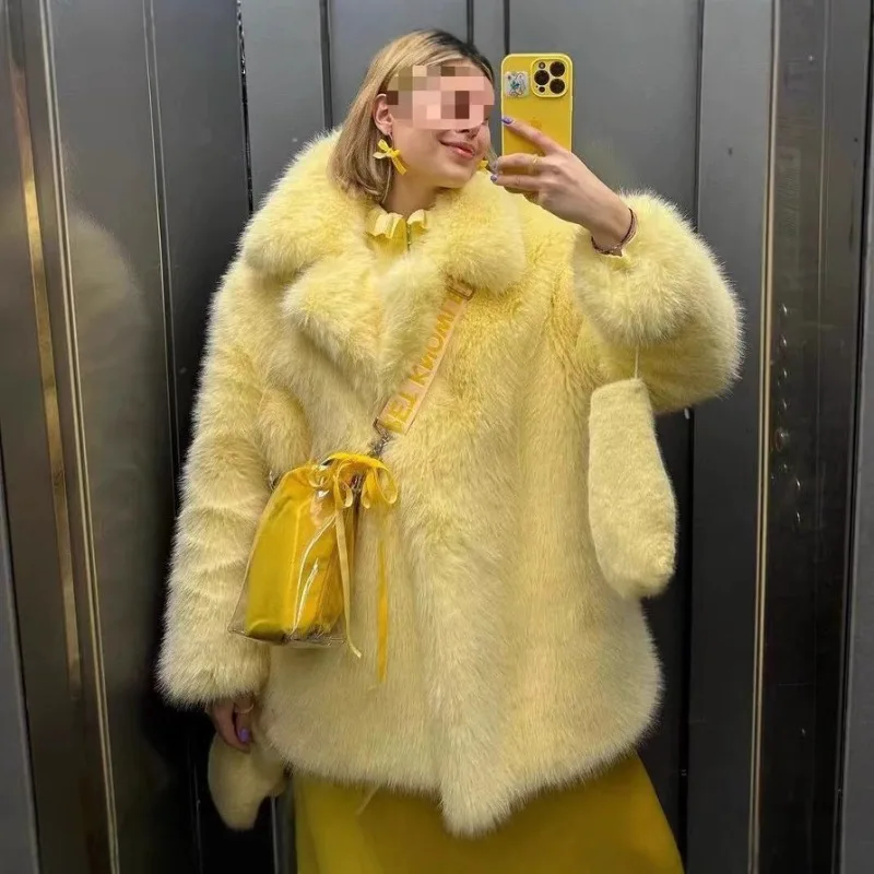 Women's Fall Winter Tops Jacket Faux Fox Fur Thickened Suit Collar Outfit Design Luxury Brand Simple Comfortable Eco-Friendly