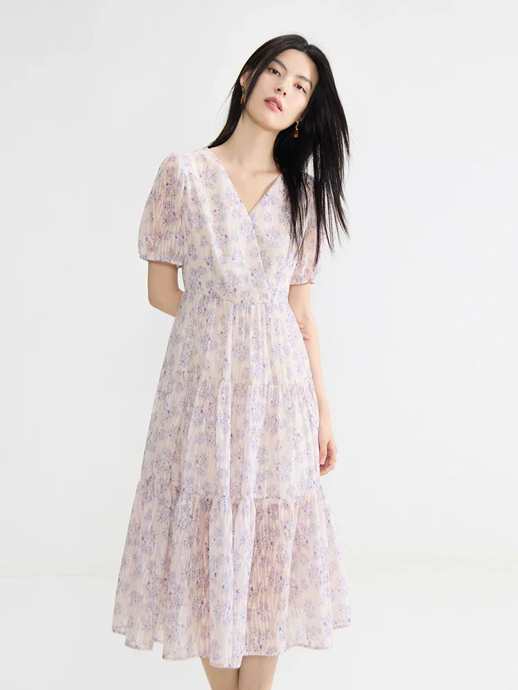 

DUSHU【2 Colors】Women V-Neck Yellow Floral Long A-LINE Dress Temperament Short Sleeve Mid-Calf Female Purple Dress 24DS82807