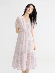 DUSHU【2 Colors】Women V-Neck Yellow Floral Long A-LINE Dress Temperament Short Sleeve Mid-Calf Female Purple Dress 24DS82807