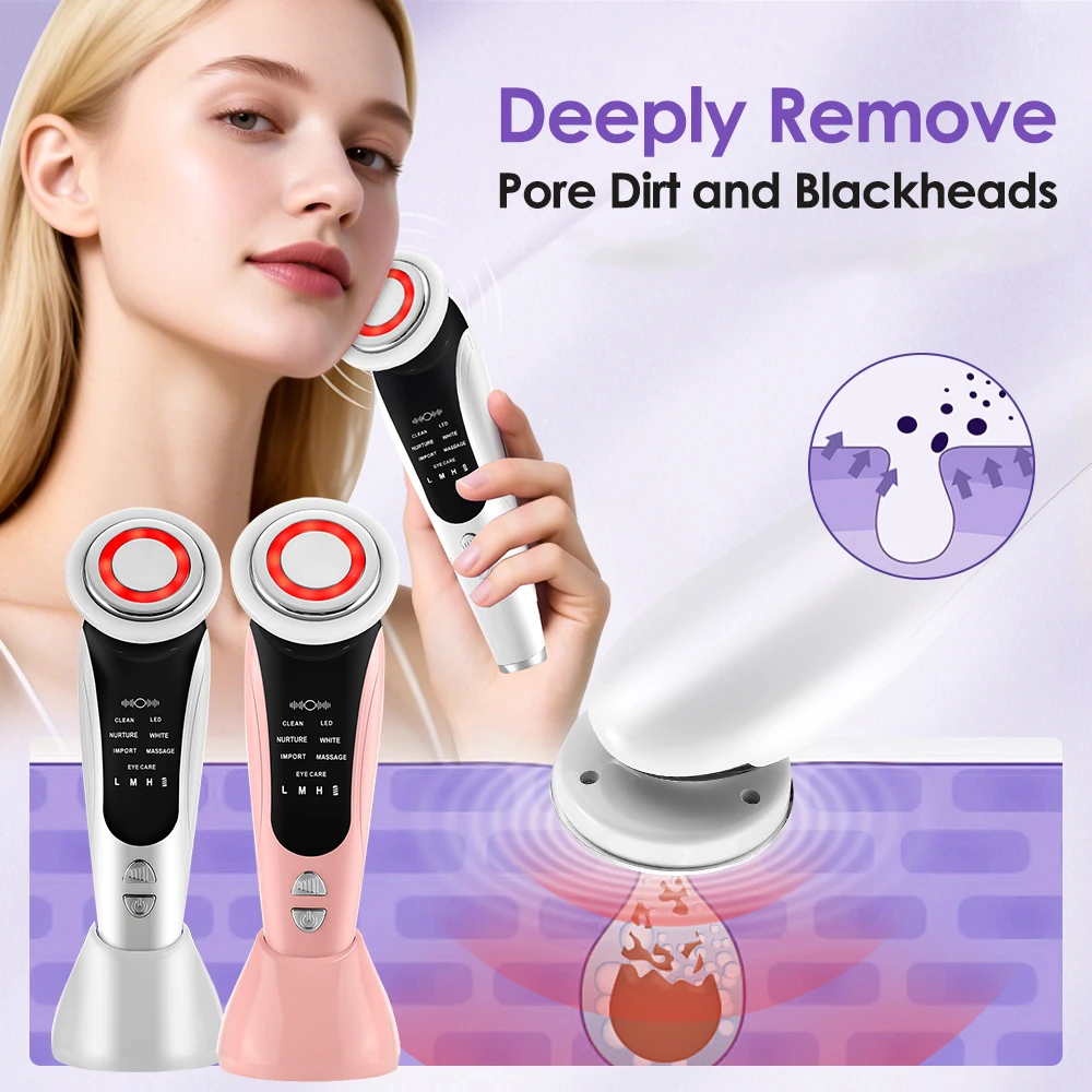 7 IN 1 Gezicht Massager Rood Licht Therapie Huidverjonging Microstroom Gezicht Lifting Apparaat Koreaanse Huidverzorging Mee-eters Remover