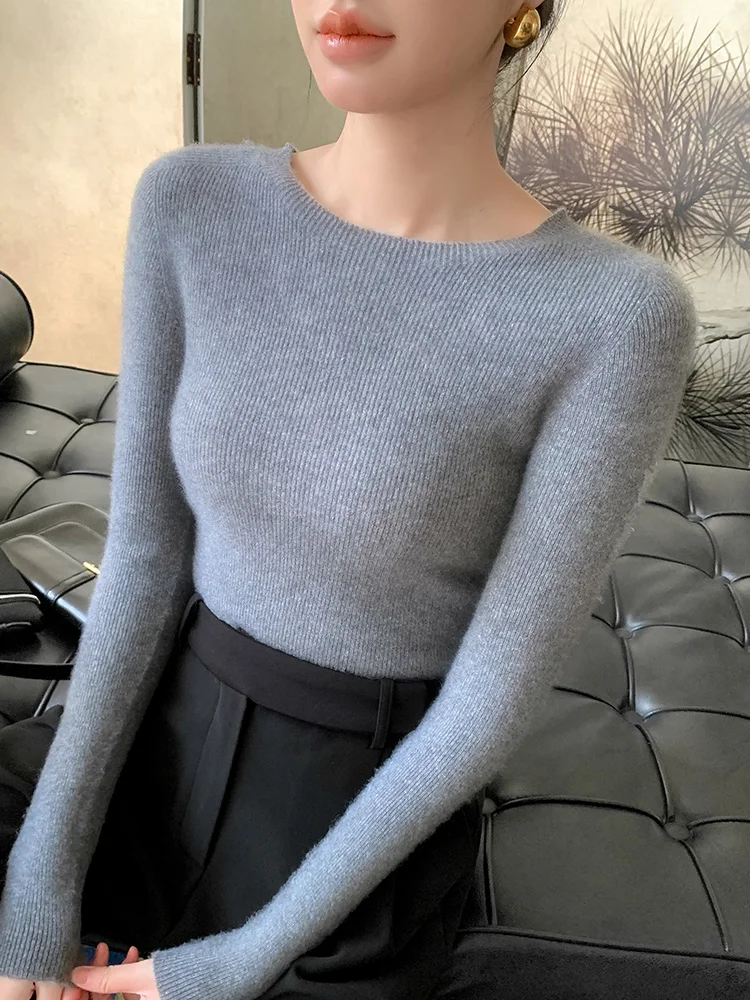 Women's O-neck Elegant Slim Solid Ribbed Knitwear 100% Merino Wool Sweater Pullover Basic Long Sleeve Cashmere Spring Autumn Top