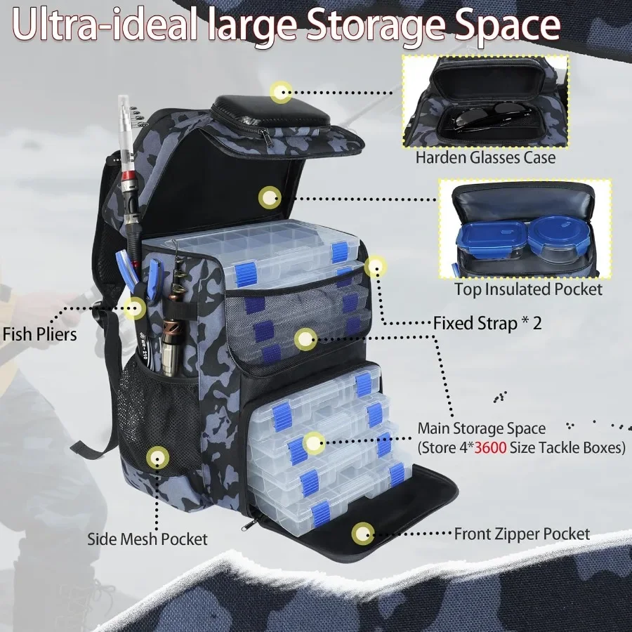 Mochila de pesca grande resistente al agua con soporte para caña y enfriador incorporado para aventuras con caña al aire libre bolsa de aparejos resistente