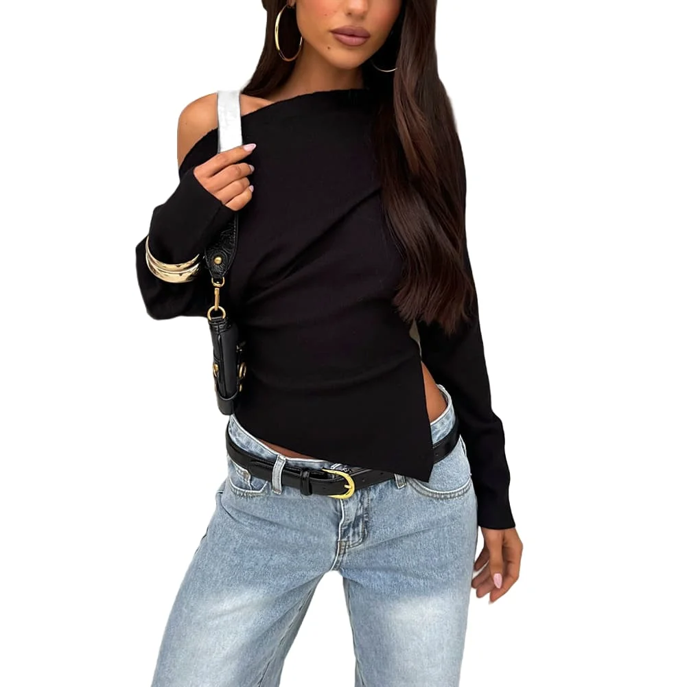 Off-Shoulder Asymmetrical Solid Color Polyester T Shirt for Women Long Sleeve Regular Length for Holiday and Cycling