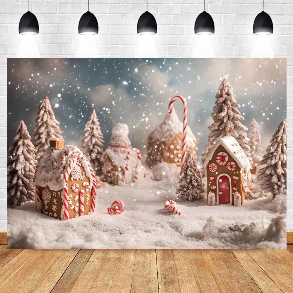 Christmas Gingerbread House Backdrop Photography Winter Snowy Candy House Decor Cake Smash Kids Portrait Photo Background Studio